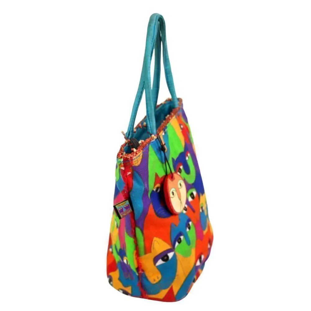 Laurel Burch MULTICOLOR COTTON CANVAS KAT BLUE HANDLES SATCHEL HANDBAG